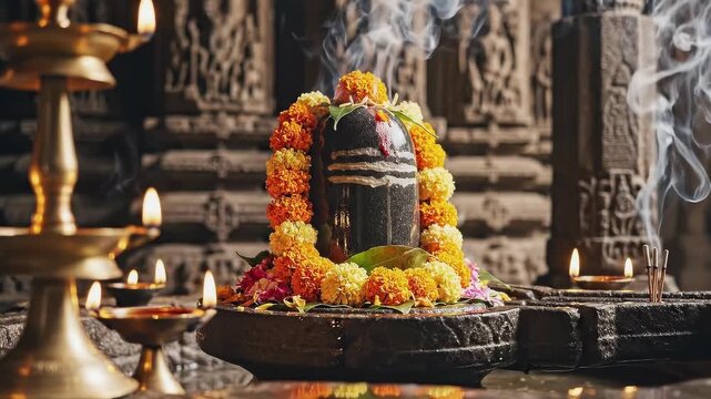Shiva Lingam with Golden Oil Lamp, suitable for Maha Shivaratri coverage, yoga and meditation backgrounds, and Indian cultural documentaries.