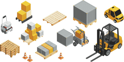 Isometric warehouse logistics illustration featuring forklift pallets cargo containers packaging storage equipment supply chain industrial transportation assets © MstRejowana