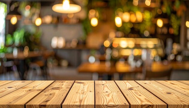 Rustic Wooden Table in Cozy Restaurant with Soft Bokeh Lights