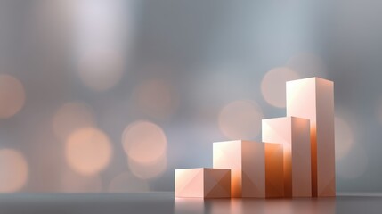 Growth trend represented by 3D geometric shapes rising against a soft-focus background with bokeh lights evoking success and progress in business strategy