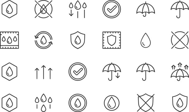 Outline Vector Icon Set Representing Water Resistance Moisture Protection Waterproofing Levels Textile Engineering Weatherproofing and Durable Material Performance Concepts