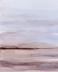 Earthy Deep Mauve and Blue Horizon Vertical Abstract Watercolor Landscape Hand Painted