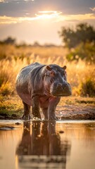 Hippo standing in water with reflective surface, golden grass and sky in the background, sunset light