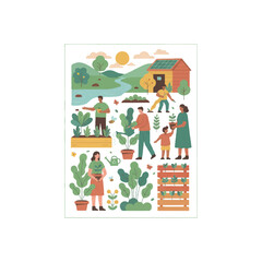 Fototapeta premium Community Gardening Poster - Urban Allotment Workshop Template with People Planting Vegetables and Sustainable Social Farming Illustration