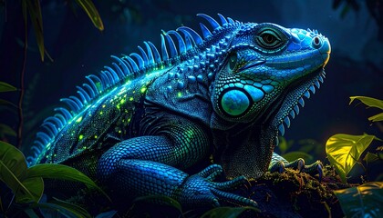 Fototapeta premium A magnificent bioluminescent iguana radiating mystic blues and greens in a jungle night