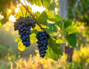 Close-up of ripe, dark grapes hanging from a vine, sunlit background