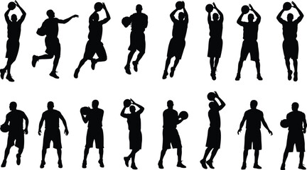 Basketball player silhouettes collection showing dribbling, jumping, shooting and passing actions in dynamic sports motion isolated on white backgroundWeb © Shohan Creatives 