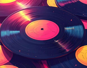 Close-up of several vintage vinyl records with colorized aesthetic