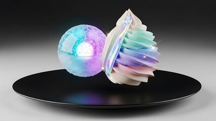 Abstract 3D rendering of a shimmering sphere and a swirling pastel dessert on a dark plate