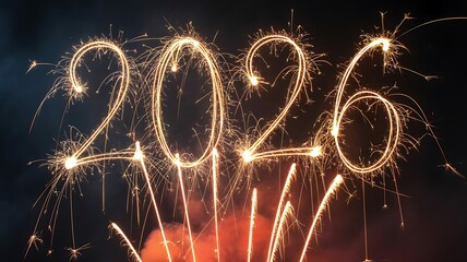 Bright sparkler fireworks illuminate the year 2026 with a festive celebration against a dark background