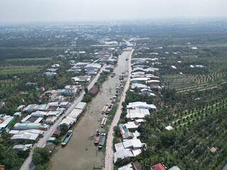 A flyover of the countryside in the Mekong Region of Vietnam. 