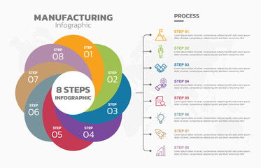 Visual data presentation. Cycle diagram with 8 options. Pie Chart Circle infographic template with 8 steps, options, parts, segments. Business concept. Marketing infographic vector illustration.