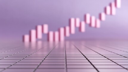 Abstract financial growth concept with pink candlestick chart against a soft purple background showcasing upward trend and market dynamics