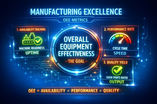 Neon OEE metrics display infographic showing availability