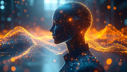 The stunning digital illustration shows the profile of a glowing human head, composed of digital particles and flowing waves of orange light.