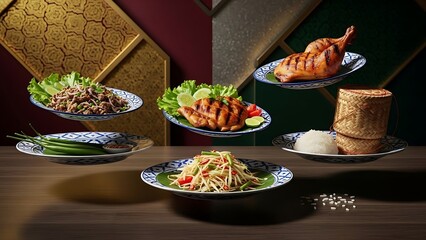 A beautiful spread of authentic Thai dishes, featuring grilled chicken, papaya salad, and sticky rice, elegantly arranged to highlight the rich flavors of Southeast Asian cuisine