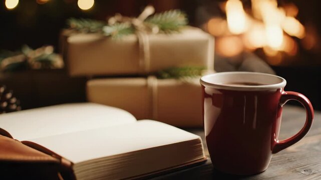 Smooth rack focus transition from the intricate texture of generic gift wrapped boxes to the blank white pages of an unwritten journal next to a warm cocoa beverage christmas gifts, close-up, comfort