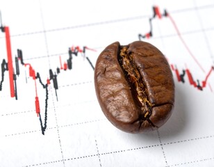 Close-up of a coffee bean resting on a financial chart with red and black lines against a white background