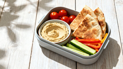 Fresh and Healthy Snack Box with Hummus, Vegetables, and Pita Bread on Wooden Table