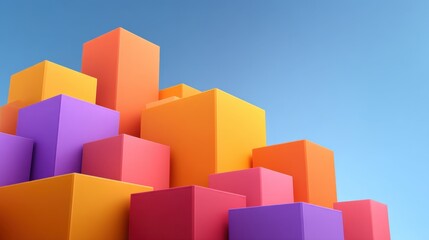 Obraz premium Colorful geometric shapes in vibrant orange, pink, purple, and yellow stacked against a bright blue sky showcasing abstract design and playful elements