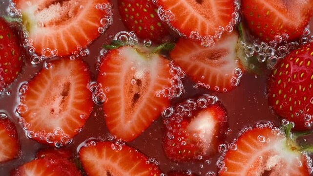 Fresh sliced strawberries in a bowl of water with bubbles.