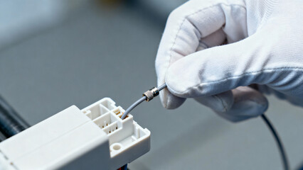 Hand in White Glove Connecting Wire to Electrical Connector in Laboratory Environment
