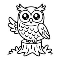Obraz premium cute line art of an owl perched on a tree stump with wide eyes and wings outstretched