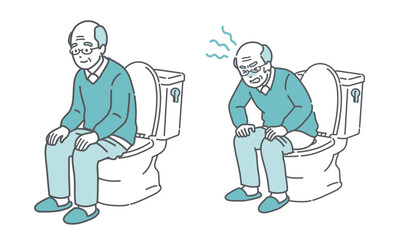 トイレに座る高齢男性のビフォーアフターイラスト（快便と便秘・前立腺肥大・比較）