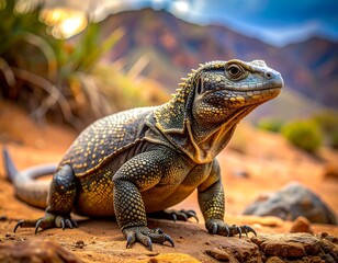 Fototapeta premium Lizard basking in sunlight, facing forward, on a rocky terrain with mountains