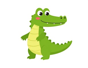 Fototapeta premium A friendly cartoon illustration featuring a smiling green reptile with a long snout, rows of teeth, and a textured body. It stands upright