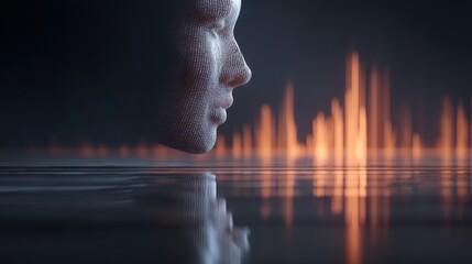 Futuristic digital face representation with audio waveform backdrop reflecting in calm water, showcasing technology and art integration in modern design