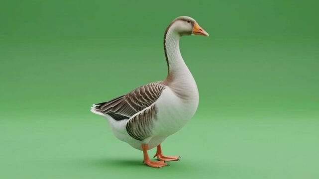 Realistic white domestic goose standing isolated on a solid green screen background. Side view of a farm bird with orange beak and webbed feet, ready for chroma keying and compositing
