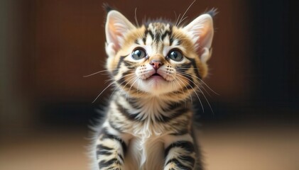 Fototapeta premium Curious kitten with wide eyes looking upwards, playful expression , delightful, lovely
