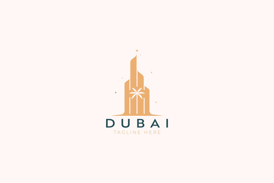 Abstract Skyscraper with Palm Tree Logo Silhouette Tower Business Sign Symbol Dubai Travel Hotel Apartment Building