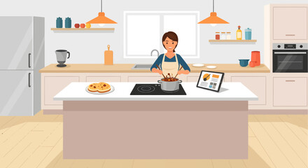 Fototapeta premium Woman Cooking in Modern Kitchen with Tablet.