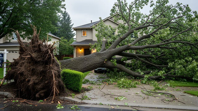 Fallen tree uprooted in residential area after storm damage  
