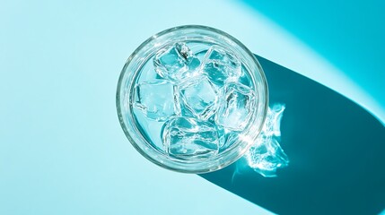 Obraz premium Refreshing Glass of Water with Ice Cubes on a Light Blue Background