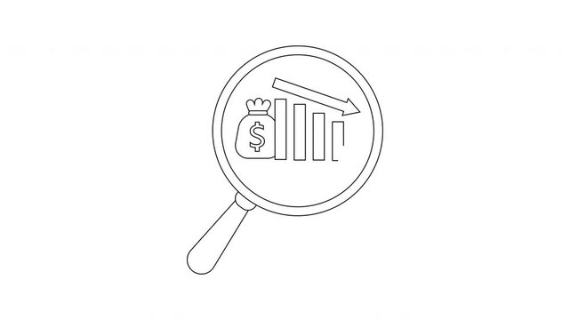 A line drawing of a magnifying glass viewing a money bag a bar graph and a downward arrow