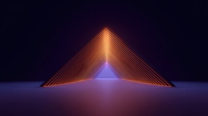 Abstract digital art featuring glowing triangular shapes with vibrant orange and purple lines creating a futuristic depth illusion in a dark environment