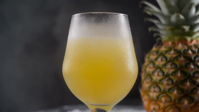 Glass of pineapple juice with a pineapple on a dark background.