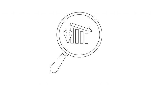 A magnifying glass focuses on a bar graph with a downward arrow and a location pin