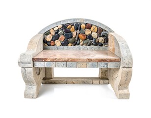 Outdoor bench with stone backrest & marble seat, set against a white backdrop in daylight