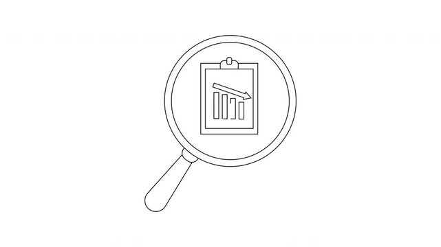 A magnifying glass focuses on a clipboard displaying a descending bar graph with a downwardpointing arrow