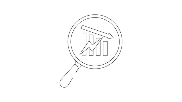 A magnifying glass focuses on a decreasing bar graph with a downward arrow and a lightning bolt