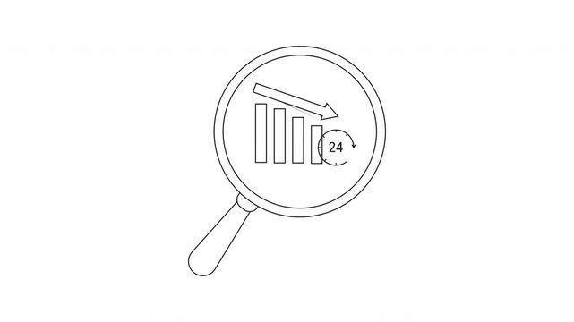 A magnifying glass focuses on a downtrending bar chart and 24hour clock symbol