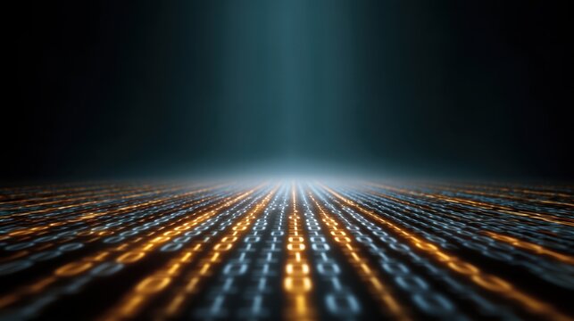 Abstract digital landscape with glowing binary code flowing in a dark environment, representing technology, data, and the future of information systems - Powered by Adobe