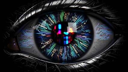 Futuristic digital eye with colorful circuit design and glowing elements