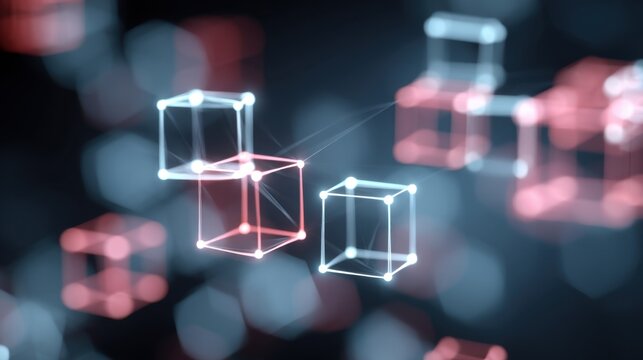 Abstract representation of interconnected glowing cubes in a dark space illustrating technology and innovation in digital connectivity and data visualization - Powered by Adobe