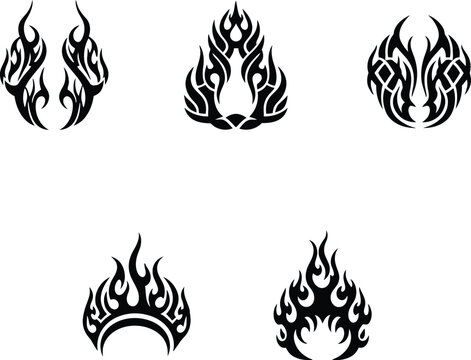 Five distinct black tribal fire vector graphics featuring aggressive flame silhouettes and sharp decorative tattoo motifs.