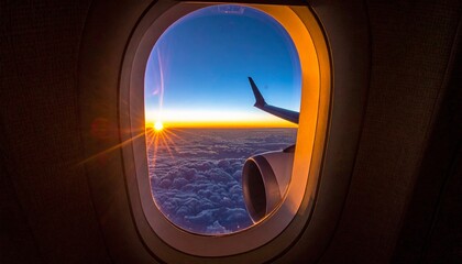 Breathtaking sunrise viewed from airplane window above clouds